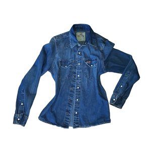 Hollister Denim Shirt Womens Blue Red Logo Double Pocket Long sleeve snaps sz S